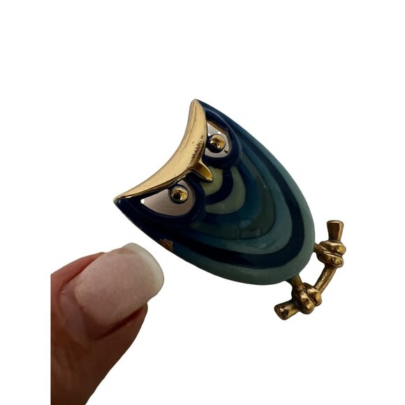 Eisenberg Enamel Blue Owl Brooch Pin With Gold Accents & Rhinestone Eyes - Picture 6 of 10